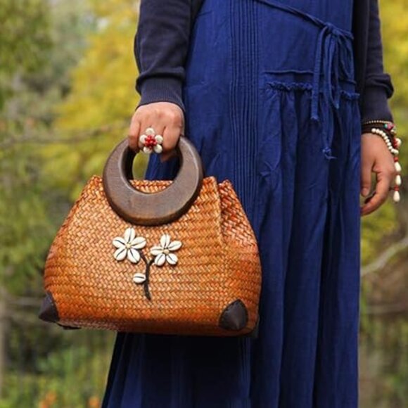 Neiman Marcus Floral Embroidered Rattan Beach Bag with Wooden Handle